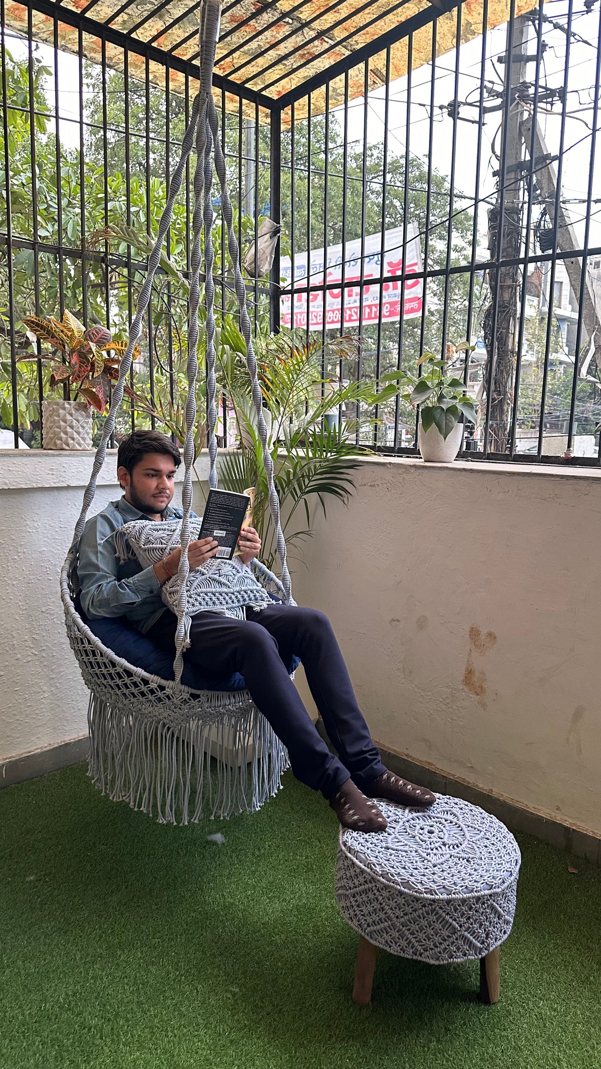 Blissful Blue Chair Swing and Ottoman Set