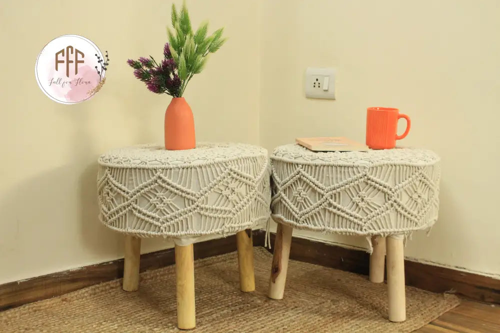 Ivory Macrame Ottoman - Set Of 2