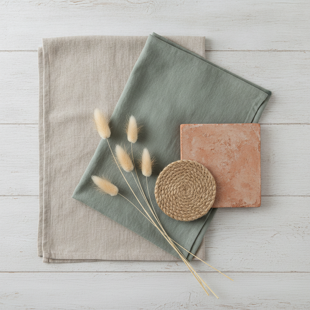 A home decor mood board with oatmeal and sage fabric swatches, dried stems and a terracotta tile