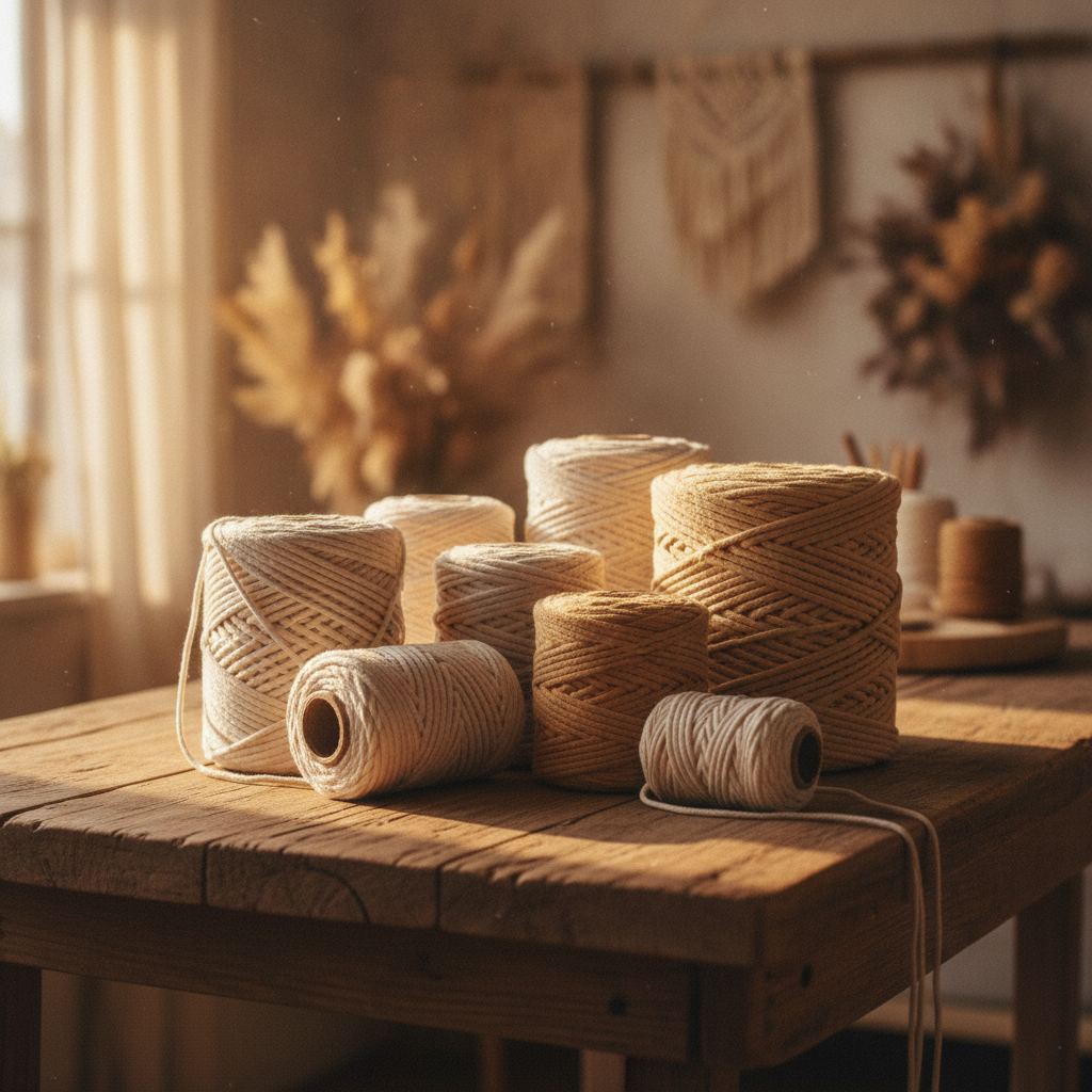 Spools of natural cotton macrame cord in cream and sand tones on a timber table