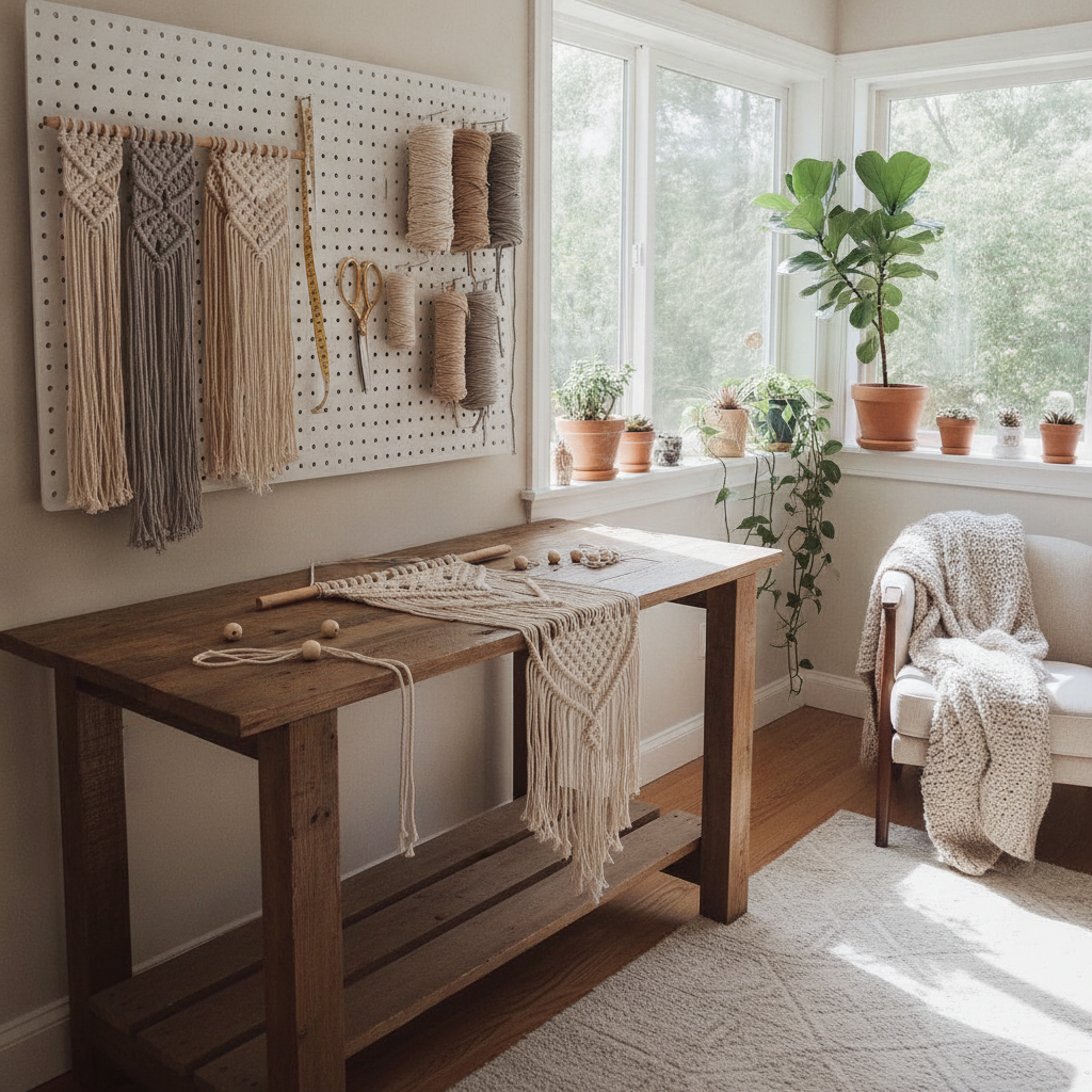 A light-filled craft studio with half-finished macrame work on a timber workbench