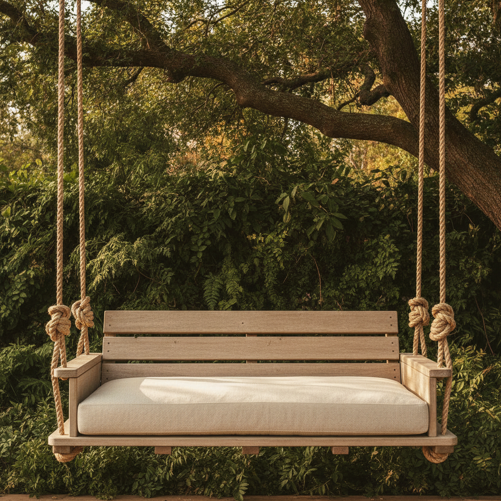 Detail of a wide slatted timber swing seat with thick natural rope knots and a cream cushion