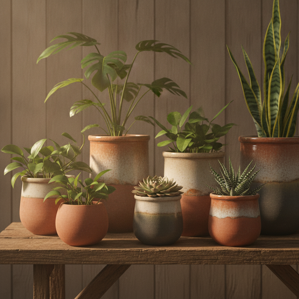 A group of terracotta and stoneware planters holding houseplants on a timber bench