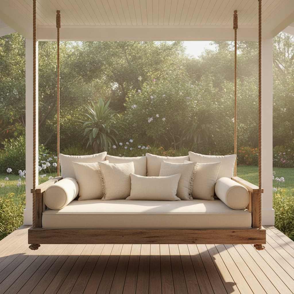 A slatted timber bed swing hanging by rope on a covered veranda with cotton cushions