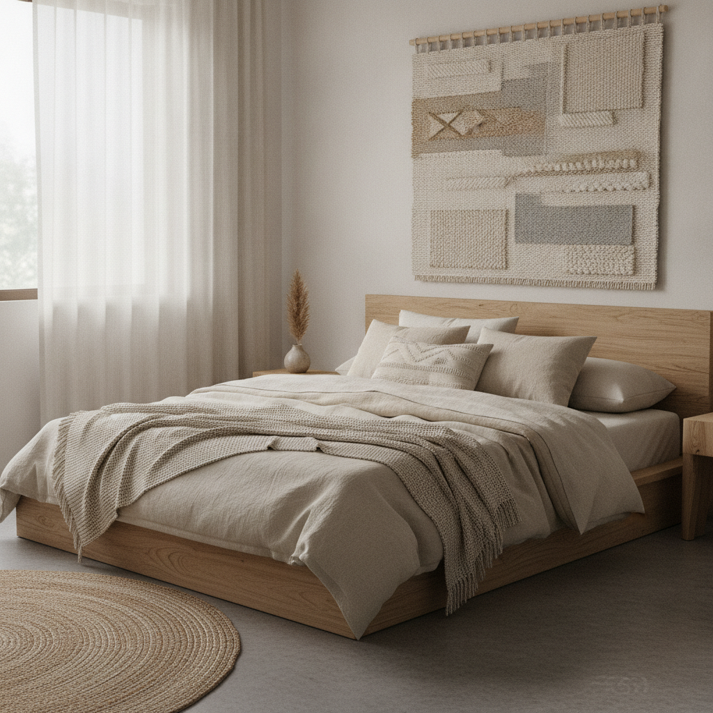 A calm bedroom corner in timber and cotton tones with a woven wall hanging